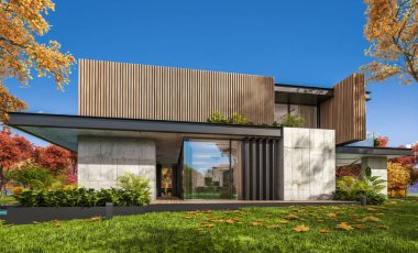 Park yeri ve havuzu satılık ya da kiralık, ahşap ön cepheli ve arka planda güzel peyzajlı modern konforlu bir ev. Güneşli bir sonbahar günü, her yerde altın yapraklar.