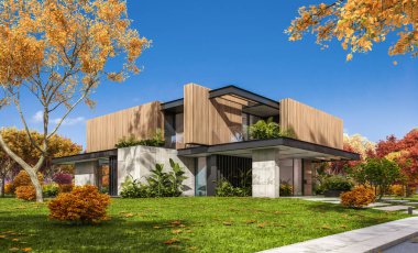 Park yeri ve havuzu satılık ya da kiralık, ahşap ön cepheli ve arka planda güzel peyzajlı modern konforlu bir ev. Güneşli bir sonbahar günü, her yerde altın yapraklar.