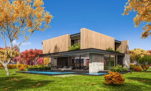 Renderização Moderna Casa Acolhedora Com Estacionamento Piscina Para Venda Aluguel — Fotografia de Stock