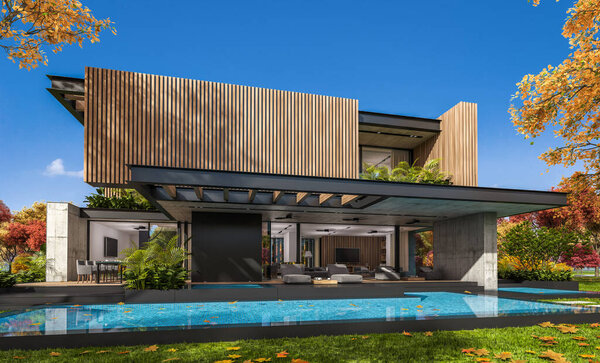 Трехмерный рендеринг современного уютного дома с парковкой и бассейном на продажу или в аренду с деревянным фасадом и красивым ландшафтным дизайном на заднем плане. Ясный солнечный осенний день с золотыми листьями везде
.