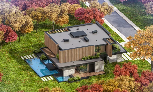 Rendering Von Modernen Gemütlichen Haus Mit Parkplatz Und Pool Zum — Stockfoto