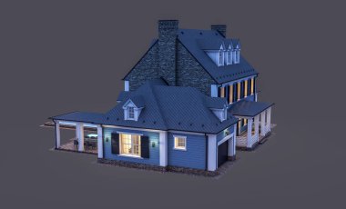 Modern konforlu klasik evin 3 boyutlu tasarımı. Geceleri garajı ve havuzu satılık ya da kiralık. Siyah üzerine izole edilmiş..