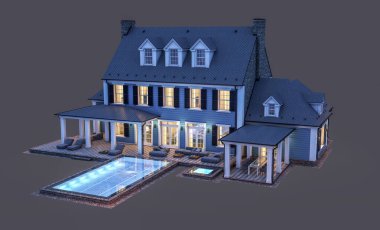 Modern konforlu klasik evin 3 boyutlu tasarımı. Geceleri garajı ve havuzu satılık ya da kiralık. Siyah üzerine izole edilmiş..