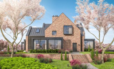 Göletlerin üzerinde, garajı ve havuzu satılık ya da kiralık olan modern konforlu tokuşturma evi. Arka planda sakura çiçekleri olan çiçek açan ağaçlarla taze bir bahar günü..