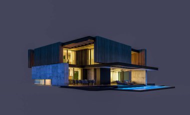 Park yeri ve havuzu satılık ya da ahşap kaplamalı modern konforlu ev. Beyazda izole edilmiş