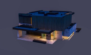 Park yeri ve havuzu satılık ya da ahşap kaplamalı modern konforlu ev. Beyazda izole edilmiş