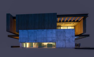 Park yeri ve havuzu satılık ya da ahşap kaplamalı modern konforlu ev. Beyazda izole edilmiş