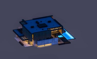 Park yeri ve havuzu satılık ya da ahşap kaplamalı modern konforlu ev. Beyazda izole edilmiş