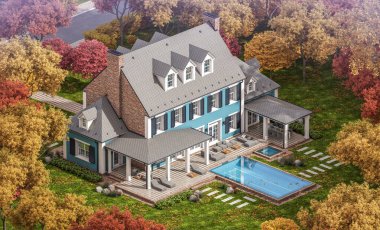 Arka planda güzel peyzajlı, garajı ve havuzu satılık ya da kirası olan koloni tarzında modern konforlu klasik evin 3D görüntüsü. Güneşli bir sonbahar günü, her yerde altın yapraklar.