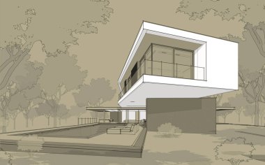 Tepedeki garajı ve havuzu satılık ya da kiralık olan modern konforlu ev. Beyaz noktalı siyah çizgi çizimi ve zanaat arka planında el çizimi..