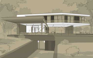 Tepedeki garajı ve havuzu satılık ya da kiralık olan modern konforlu ev. Beyaz noktalı siyah çizgi çizimi ve zanaat arka planında el çizimi..