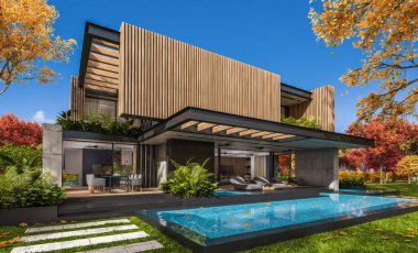 Park yeri ve havuzu satılık ya da kiralık, ahşap ön cepheli ve arka planda güzel peyzajlı modern konforlu bir ev. Güneşli bir sonbahar günü, her yerde altın yapraklar.