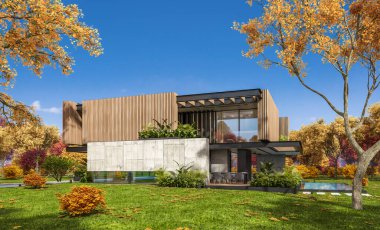 Park yeri ve havuzu satılık ya da kiralık, ahşap ön cepheli ve arka planda güzel peyzajlı modern konforlu bir ev. Güneşli bir sonbahar günü, her yerde altın yapraklar.