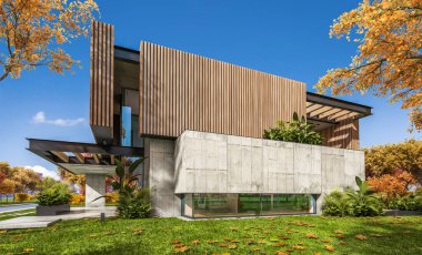 Park yeri ve havuzu satılık ya da kiralık, ahşap ön cepheli ve arka planda güzel peyzajlı modern konforlu bir ev. Güneşli bir sonbahar günü, her yerde altın yapraklar.