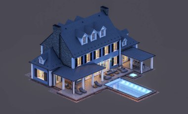 Modern konforlu klasik evin 3 boyutlu tasarımı. Geceleri garajı ve havuzu satılık ya da kiralık. Siyah üzerine izole edilmiş..