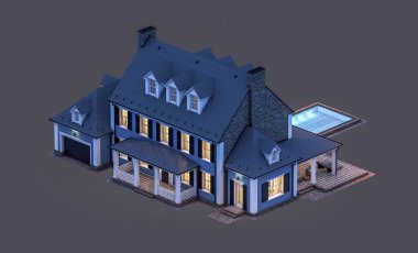 Modern konforlu klasik evin 3 boyutlu tasarımı. Geceleri garajı ve havuzu satılık ya da kiralık. Siyah üzerine izole edilmiş..