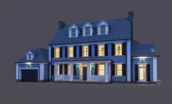 ガレージや夜の販売や賃貸のためのプールと植民地スタイルの近代的な居心地の良い古典的な家の3Dレンダリング 黒に隔離された — ストック写真