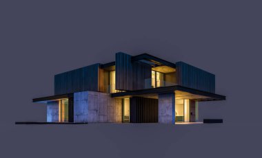 Park yeri ve havuzu satılık ya da ahşap kaplamalı modern konforlu ev. Beyazda izole edilmiş