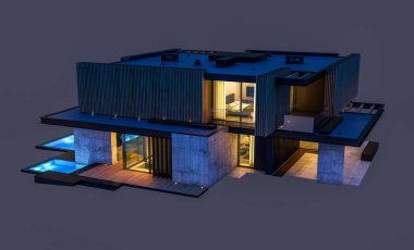 Park yeri ve havuzu satılık ya da ahşap kaplamalı modern konforlu ev. Beyazda izole edilmiş