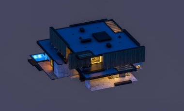 Park yeri ve havuzu satılık ya da ahşap kaplamalı modern konforlu ev. Beyazda izole edilmiş