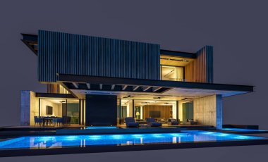 Park yeri ve havuzu satılık ya da ahşap kaplamalı modern konforlu ev. Beyazda izole edilmiş