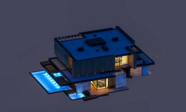 Park yeri ve havuzu satılık ya da ahşap kaplamalı modern konforlu ev. Beyazda izole edilmiş