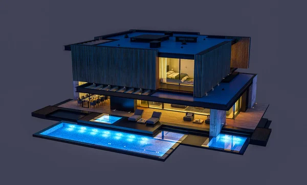 3D展示现代化舒适的房子 设有停车场和供出售的游泳池 或租用木制木板立面 与白种人隔离 — 图库照片