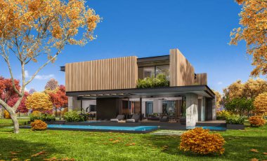 Park yeri ve havuzu satılık ya da kiralık, ahşap ön cepheli ve arka planda güzel peyzajlı modern konforlu bir ev. Güneşli bir sonbahar günü, her yerde altın yapraklar.