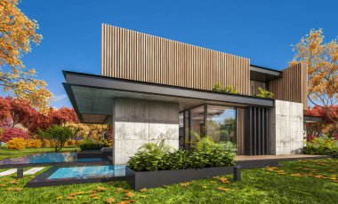 Park yeri ve havuzu satılık ya da kiralık, ahşap ön cepheli ve arka planda güzel peyzajlı modern konforlu bir ev. Güneşli bir sonbahar günü, her yerde altın yapraklar.