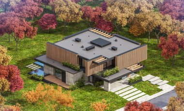 Park yeri ve havuzu satılık ya da kiralık, ahşap ön cepheli ve arka planda güzel peyzajlı modern konforlu bir ev. Güneşli bir sonbahar günü, her yerde altın yapraklar.