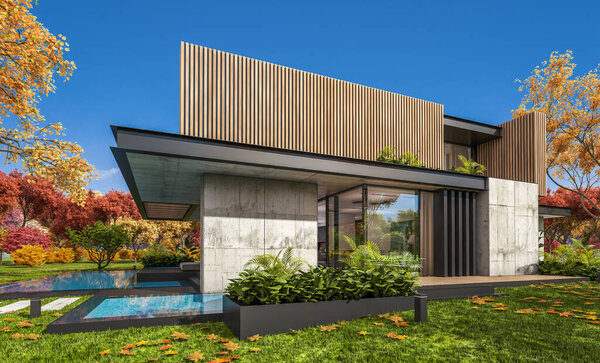 Трехмерный рендеринг современного уютного дома с парковкой и бассейном на продажу или в аренду с деревянным фасадом и красивым ландшафтным дизайном на заднем плане. Ясный солнечный осенний день с золотыми листьями везде
.