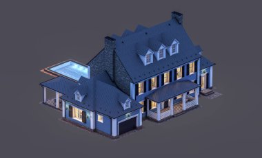 Modern konforlu klasik evin 3 boyutlu tasarımı. Geceleri garajı ve havuzu satılık ya da kiralık. Siyah üzerine izole edilmiş..