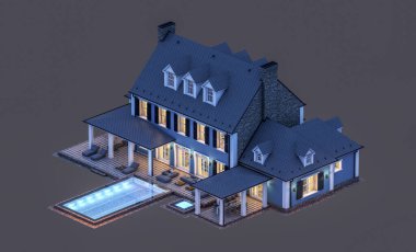 Modern konforlu klasik evin 3 boyutlu tasarımı. Geceleri garajı ve havuzu satılık ya da kiralık. Siyah üzerine izole edilmiş..