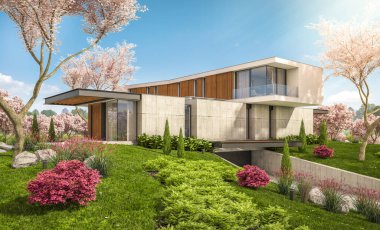 Tepedeki garajı ve havuzu satılık ya da kiralık olan modern konforlu ev. Arka planda sakura çiçekleri olan çiçek açan ağaçlarla taze bir bahar günü..