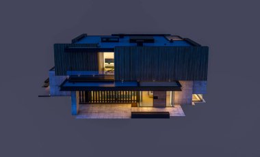 Park yeri ve havuzu satılık ya da ahşap kaplamalı modern konforlu ev. Beyazda izole edilmiş