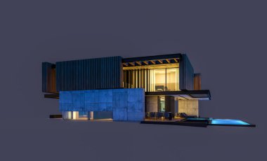 Park yeri ve havuzu satılık ya da ahşap kaplamalı modern konforlu ev. Beyazda izole edilmiş