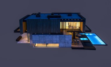 Park yeri ve havuzu satılık ya da ahşap kaplamalı modern konforlu ev. Beyazda izole edilmiş