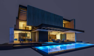 Park yeri ve havuzu satılık ya da ahşap kaplamalı modern konforlu ev. Beyazda izole edilmiş