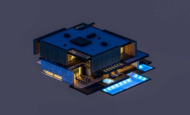 Park yeri ve havuzu satılık ya da ahşap kaplamalı modern konforlu ev. Beyazda izole edilmiş