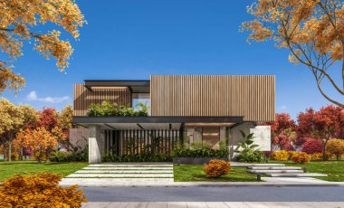 Park yeri ve havuzu satılık ya da kiralık, ahşap ön cepheli ve arka planda güzel peyzajlı modern konforlu bir ev. Güneşli bir sonbahar günü, her yerde altın yapraklar.