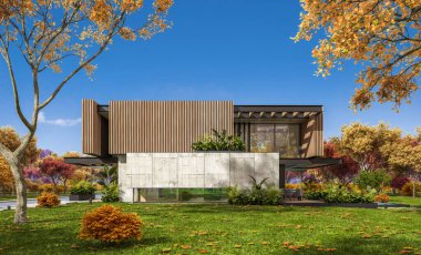 Park yeri ve havuzu satılık ya da kiralık, ahşap ön cepheli ve arka planda güzel peyzajlı modern konforlu bir ev. Güneşli bir sonbahar günü, her yerde altın yapraklar.