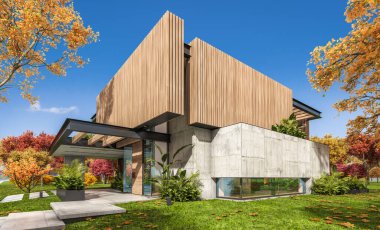 Park yeri ve havuzu satılık ya da kiralık, ahşap ön cepheli ve arka planda güzel peyzajlı modern konforlu bir ev. Güneşli bir sonbahar günü, her yerde altın yapraklar.