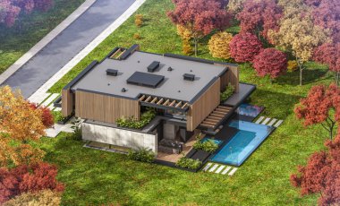 Park yeri ve havuzu satılık ya da kiralık, ahşap ön cepheli ve arka planda güzel peyzajlı modern konforlu bir ev. Güneşli bir sonbahar günü, her yerde altın yapraklar.