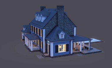 Modern konforlu klasik evin 3 boyutlu tasarımı. Geceleri garajı ve havuzu satılık ya da kiralık. Siyah üzerine izole edilmiş..