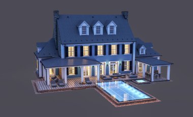 Modern konforlu klasik evin 3 boyutlu tasarımı. Geceleri garajı ve havuzu satılık ya da kiralık. Siyah üzerine izole edilmiş..