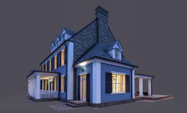 Modern konforlu klasik evin 3 boyutlu tasarımı. Geceleri garajı ve havuzu satılık ya da kiralık. Siyah üzerine izole edilmiş..