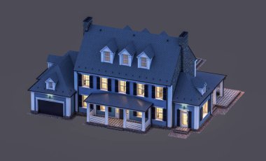 Modern konforlu klasik evin 3 boyutlu tasarımı. Geceleri garajı ve havuzu satılık ya da kiralık. Siyah üzerine izole edilmiş..