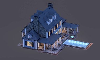 Modern konforlu klasik evin 3 boyutlu tasarımı. Geceleri garajı ve havuzu satılık ya da kiralık. Siyah üzerine izole edilmiş..