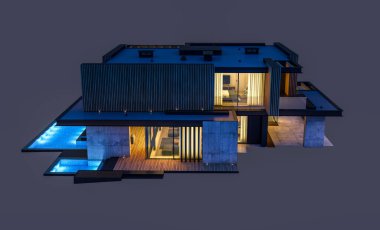 Park yeri ve havuzu satılık ya da ahşap kaplamalı modern konforlu ev. Beyazda izole edilmiş