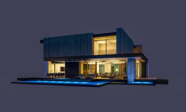 Park yeri ve havuzu satılık ya da ahşap kaplamalı modern konforlu ev. Beyazda izole edilmiş